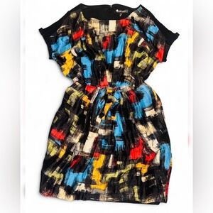 Cynthia Steffe Silk Linen Abstract Dress Sz 8 Cold Shoulder Painterly luxury